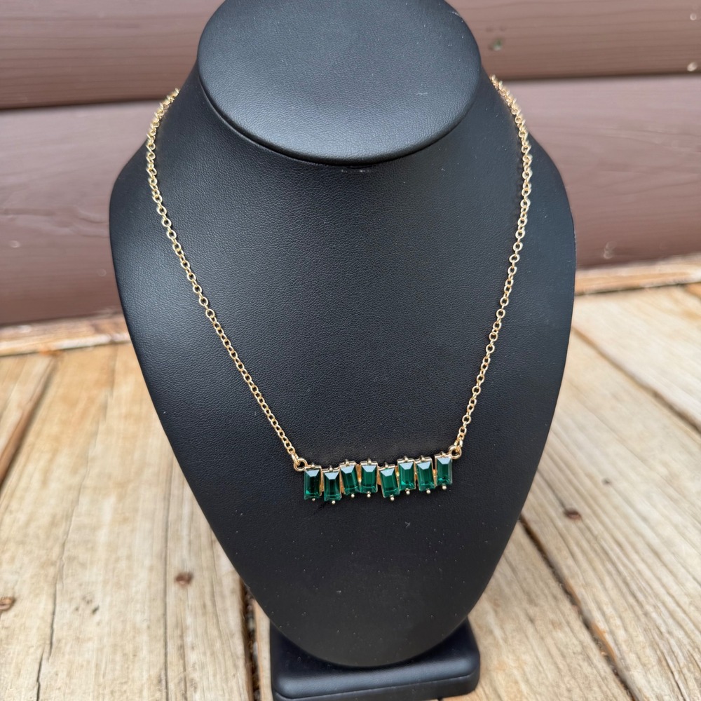 Baguette Crystal Bar Necklace Womens Gold Emerald Green Gemstone Adjustable